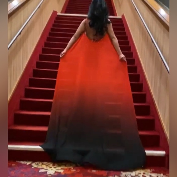 GL Garlate Red Beaded Pageant Gown Illusion Slit Cape Train Formal Dress - Picture 4 of 11